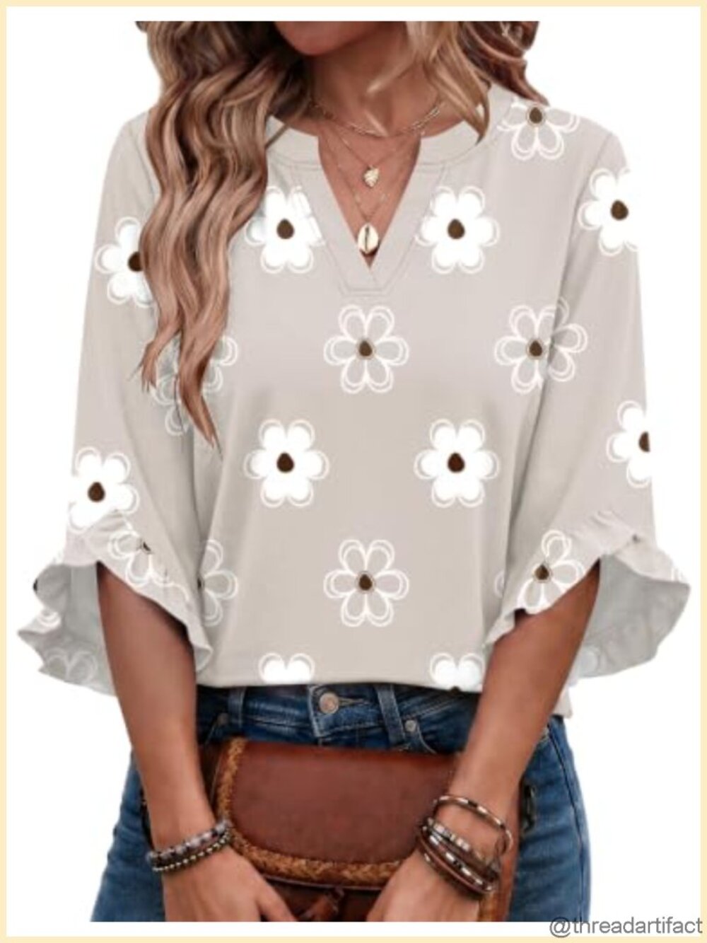 Womens 3/4 Ruffle Sleeve V Neck Floral Blouse Casual Office Top